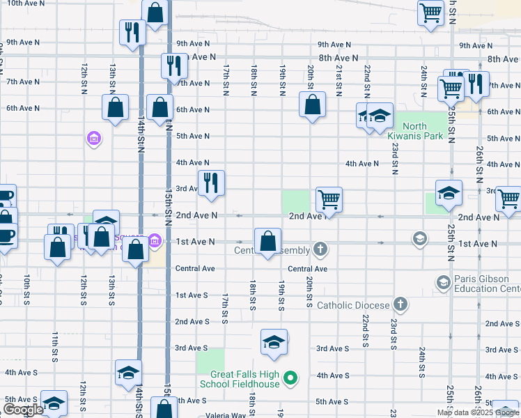 map of restaurants, bars, coffee shops, grocery stores, and more near 1804 3rd Avenue North in Great Falls