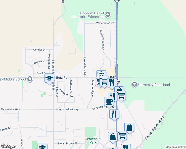 map of restaurants, bars, coffee shops, grocery stores, and more near 201 West Betz Road in Cheney
