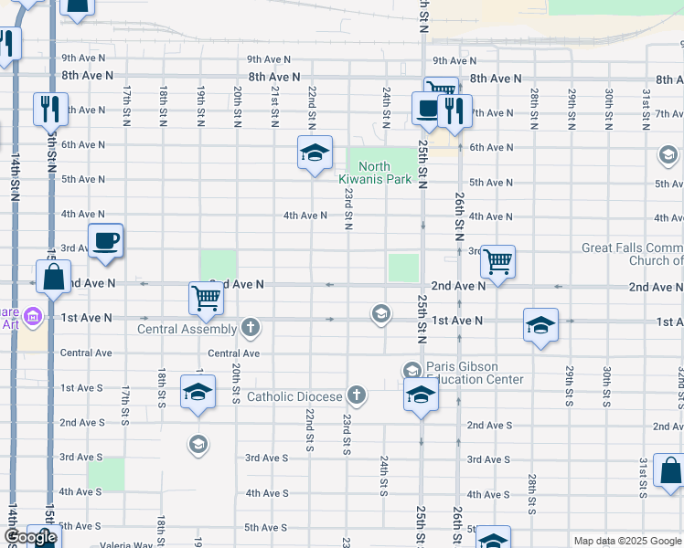 map of restaurants, bars, coffee shops, grocery stores, and more near 2212 3rd Ave N in Great Falls