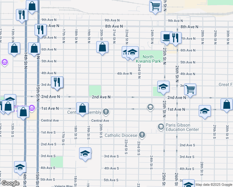 map of restaurants, bars, coffee shops, grocery stores, and more near 214 21st Street North in Great Falls