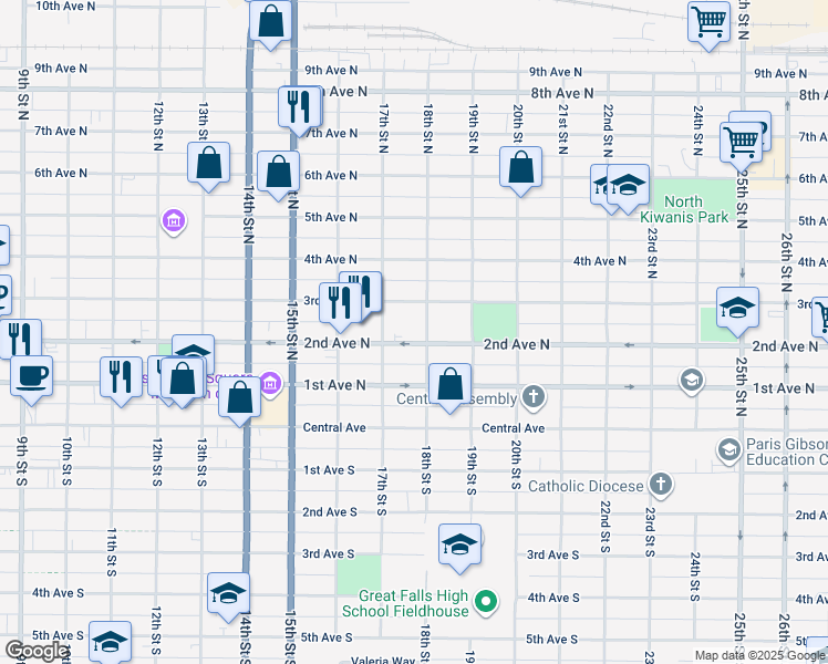 map of restaurants, bars, coffee shops, grocery stores, and more near 1708 3rd Ave N in Great Falls