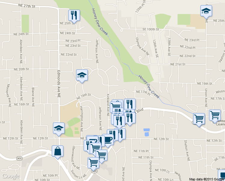map of restaurants, bars, coffee shops, grocery stores, and more near 3101 Northeast 18th Street in Renton