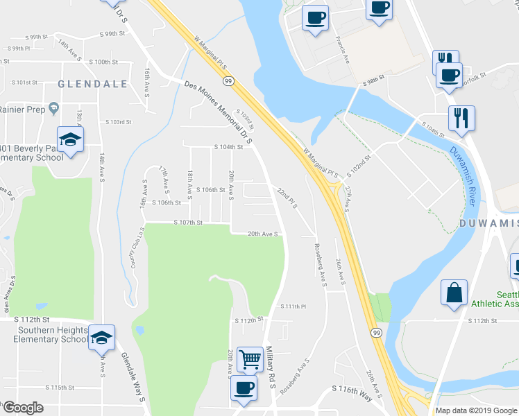 map of restaurants, bars, coffee shops, grocery stores, and more near 10609 Des Moines Memorial Drive South in Seattle