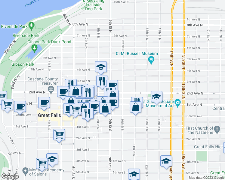 map of restaurants, bars, coffee shops, grocery stores, and more near 901 2nd Avenue North in Great Falls