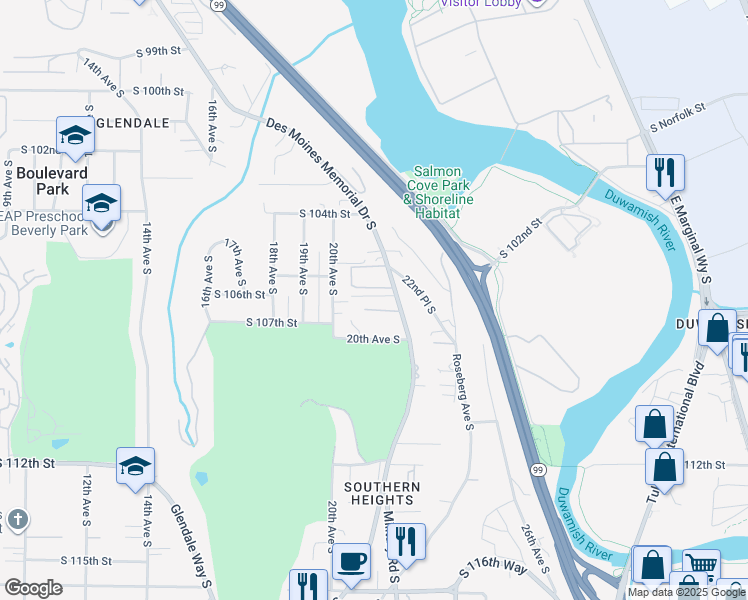 map of restaurants, bars, coffee shops, grocery stores, and more near 2112 South 107th Street in Seattle