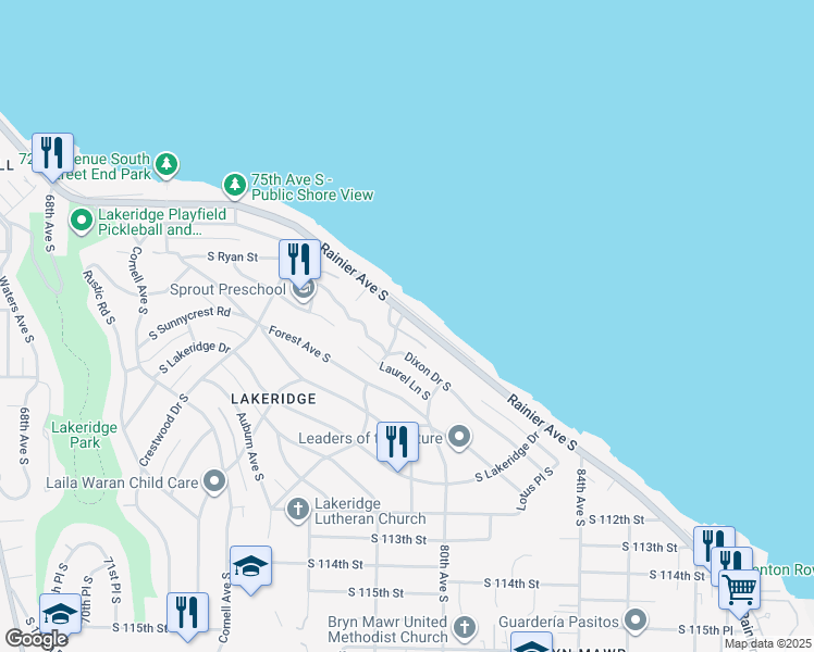 map of restaurants, bars, coffee shops, grocery stores, and more near 10605 Rainier Avenue South in Seattle