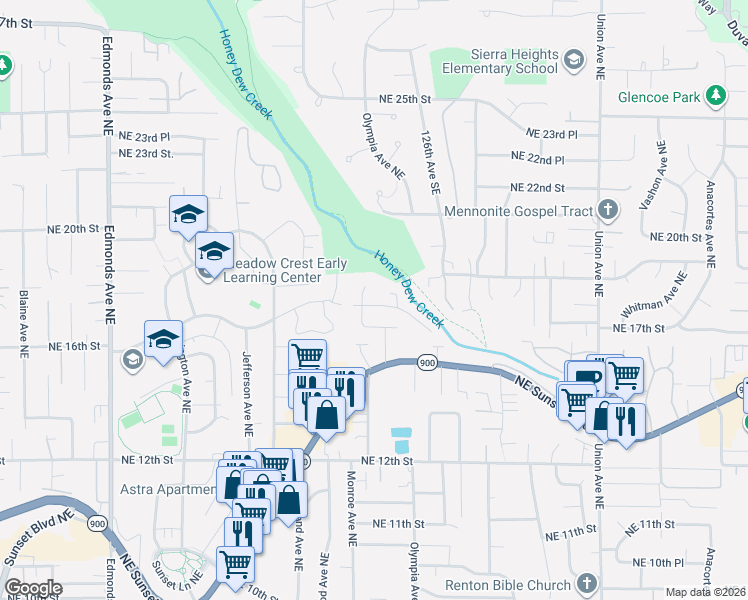 map of restaurants, bars, coffee shops, grocery stores, and more near 3324 Northeast 17th Place in Renton