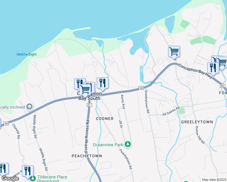 map of restaurants, bars, coffee shops, grocery stores, and more near 500 Conception Bay Highway in Conception Bay South