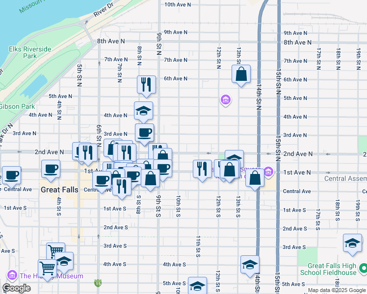 map of restaurants, bars, coffee shops, grocery stores, and more near 1019 2nd Avenue North in Great Falls