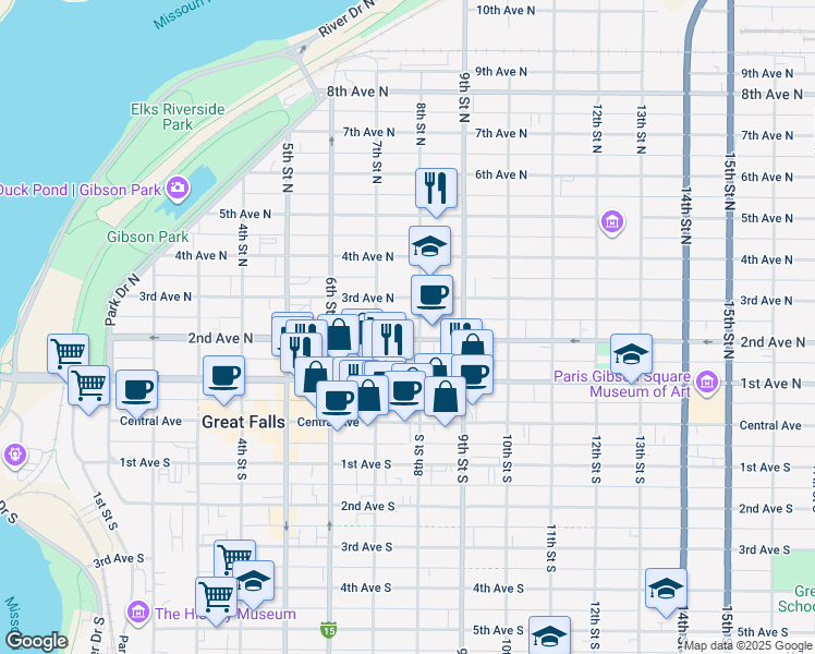 map of restaurants, bars, coffee shops, grocery stores, and more near 202 8th Street South in Great Falls