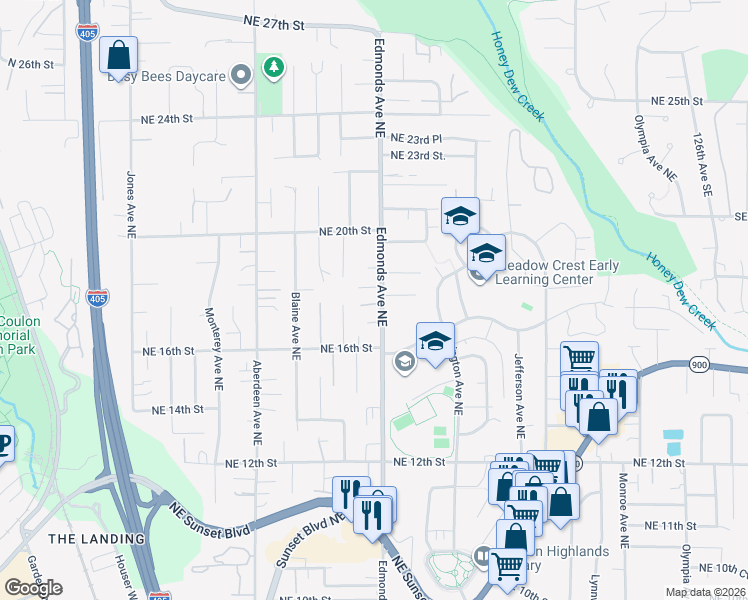 map of restaurants, bars, coffee shops, grocery stores, and more near 2508 Northeast 18th Street in Renton