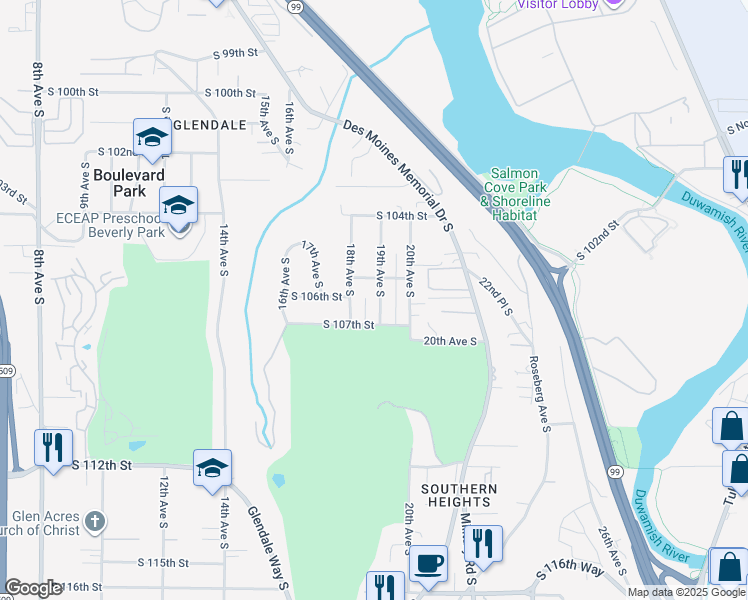 map of restaurants, bars, coffee shops, grocery stores, and more near 10617 19th Avenue South in Seattle