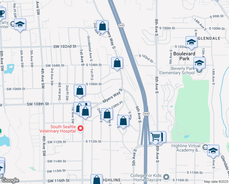 map of restaurants, bars, coffee shops, grocery stores, and more near 235 South 107th Street in Seattle