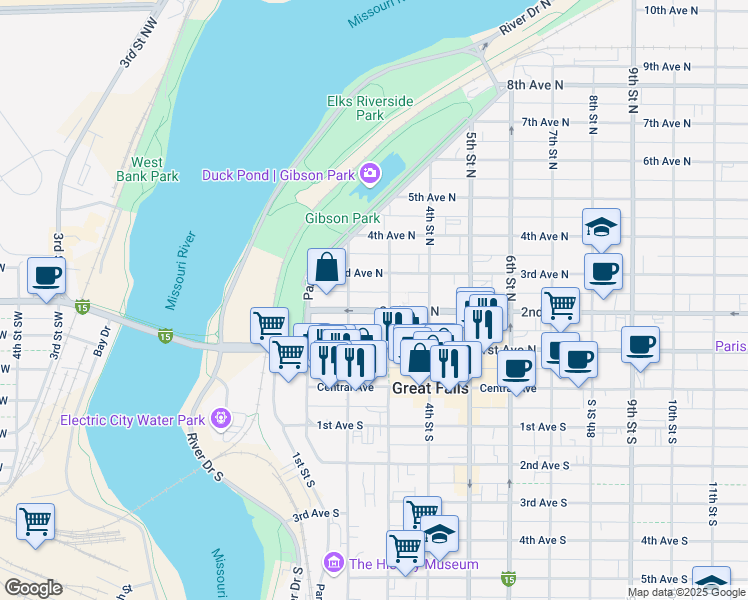 map of restaurants, bars, coffee shops, grocery stores, and more near 219 2nd Ave N in Great Falls