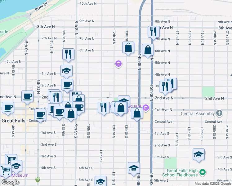 map of restaurants, bars, coffee shops, grocery stores, and more near 209 12th Street North in Great Falls