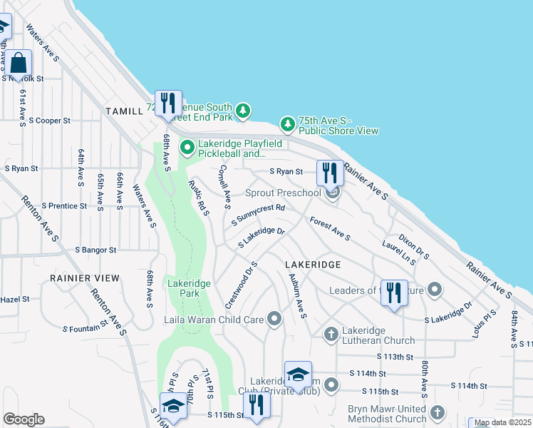 map of restaurants, bars, coffee shops, grocery stores, and more near 7215 South Sunnycrest Road in Seattle