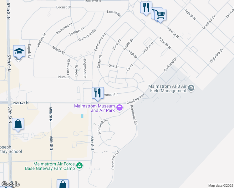 map of restaurants, bars, coffee shops, grocery stores, and more near Lincoln Drive in Great Falls