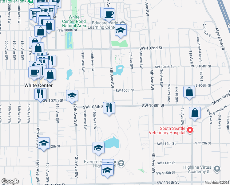 map of restaurants, bars, coffee shops, grocery stores, and more near 10602 8th Ave SW in Seattle