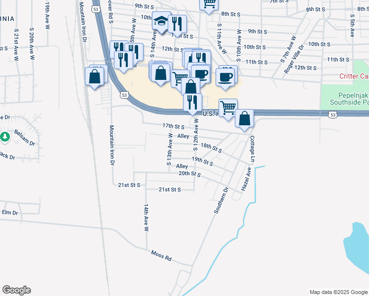 map of restaurants, bars, coffee shops, grocery stores, and more near 1210 18th Street South in Virginia