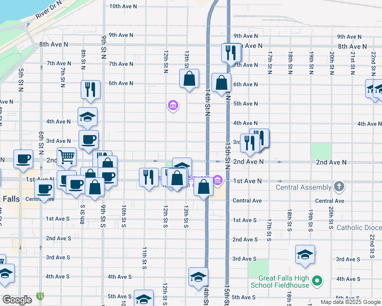 map of restaurants, bars, coffee shops, grocery stores, and more near 211 13th Street North in Great Falls