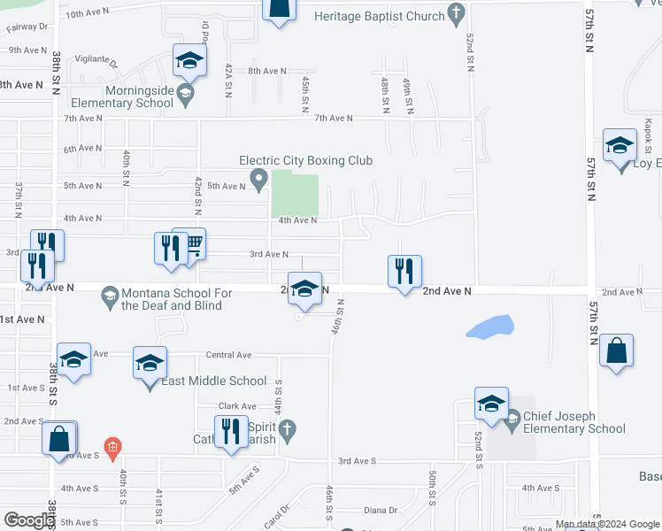 map of restaurants, bars, coffee shops, grocery stores, and more near 4545 2nd Avenue North in Great Falls
