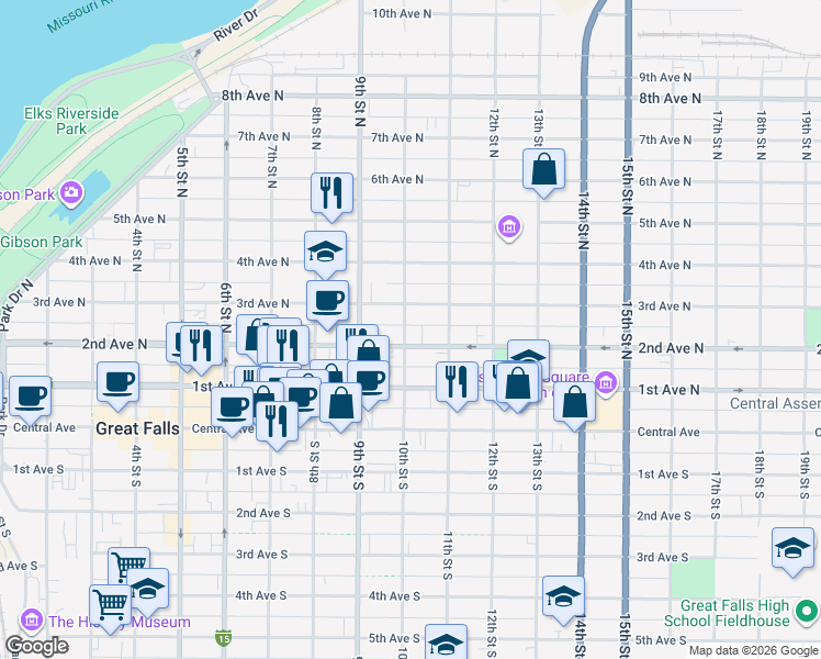 map of restaurants, bars, coffee shops, grocery stores, and more near 1019 2nd Avenue North in Great Falls