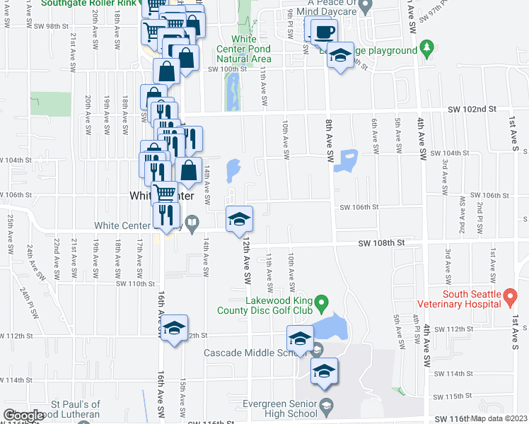 map of restaurants, bars, coffee shops, grocery stores, and more near 10611 11th Avenue Southwest in Seattle