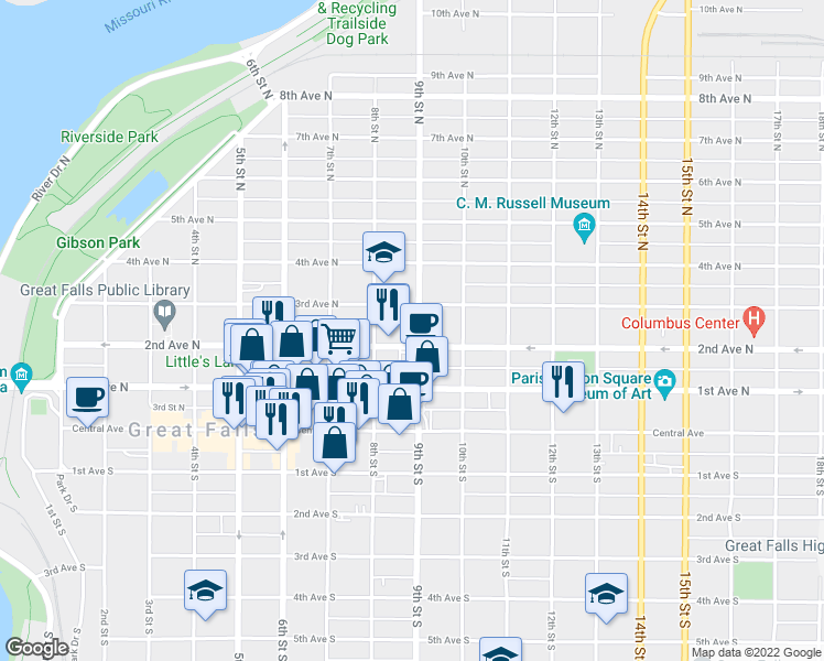 map of restaurants, bars, coffee shops, grocery stores, and more near 208 9th Street North in Great Falls