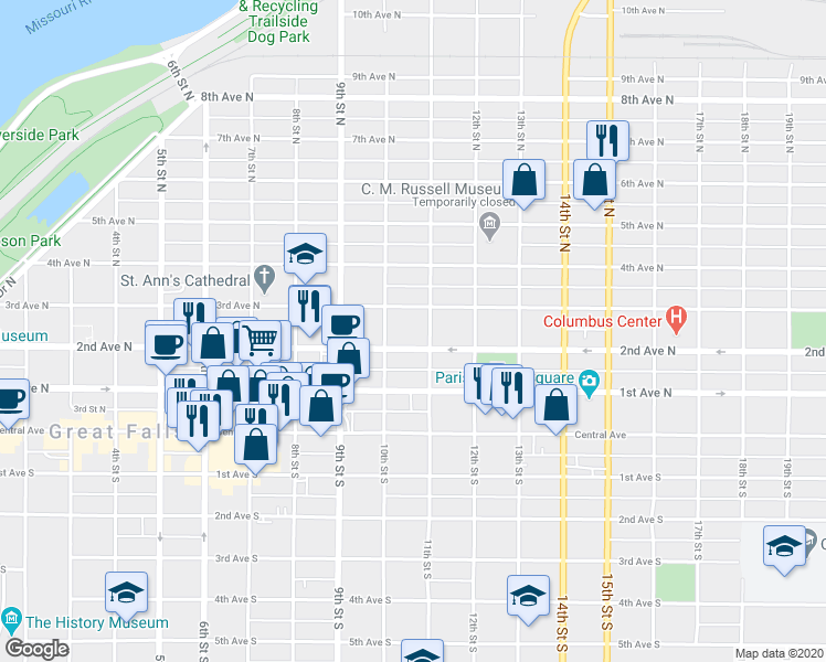 map of restaurants, bars, coffee shops, grocery stores, and more near 1019 2nd Avenue North in Great Falls