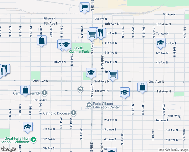 map of restaurants, bars, coffee shops, grocery stores, and more near 1 25th Street North in Great Falls