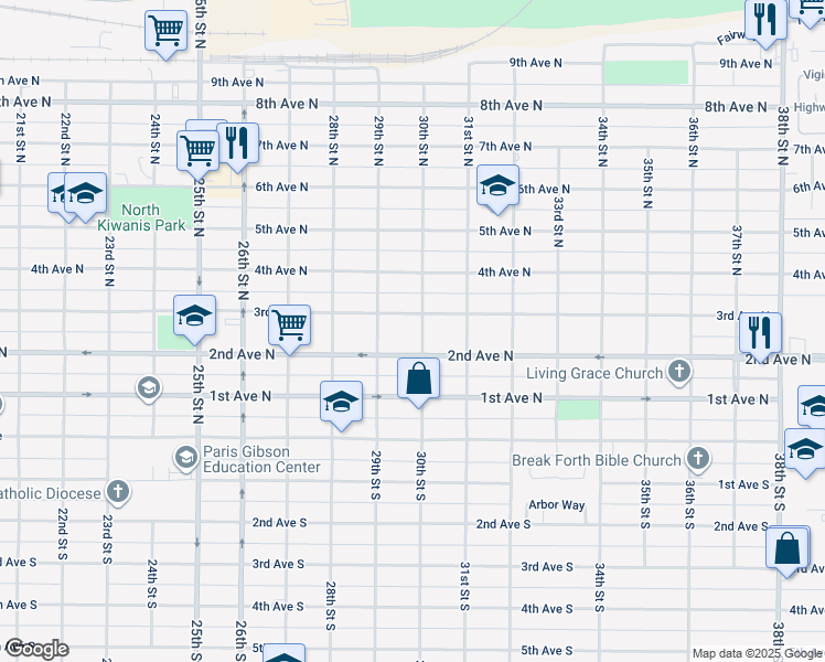 map of restaurants, bars, coffee shops, grocery stores, and more near 212 30th Street North in Great Falls