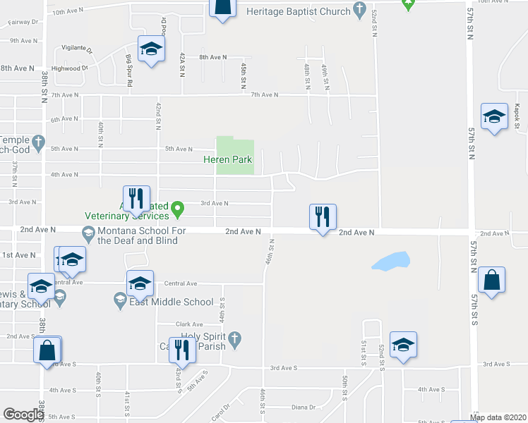 map of restaurants, bars, coffee shops, grocery stores, and more near 4545 2nd Avenue North in Great Falls