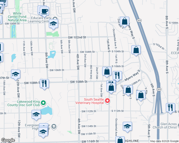 map of restaurants, bars, coffee shops, grocery stores, and more near 10621 2nd Avenue Southwest in Seattle