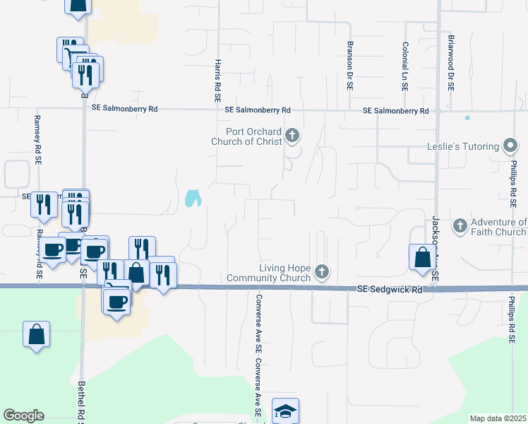 map of restaurants, bars, coffee shops, grocery stores, and more near 2513 Converse Avenue Southeast in Port Orchard