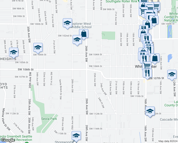 map of restaurants, bars, coffee shops, grocery stores, and more near 10704 26th Avenue Southwest in Seattle