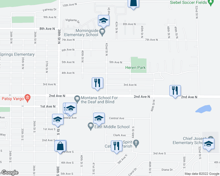 map of restaurants, bars, coffee shops, grocery stores, and more near 4204 3rd Avenue North in Great Falls