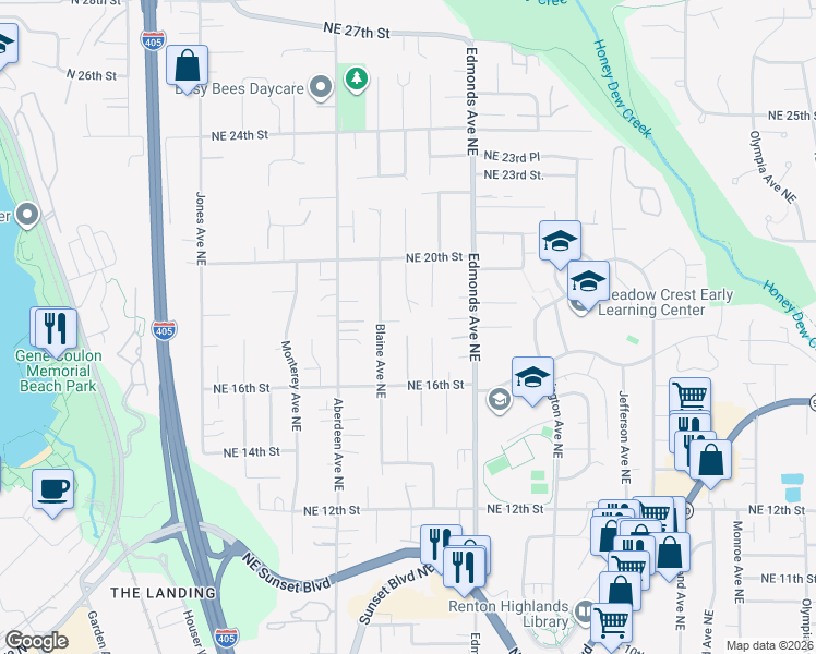 map of restaurants, bars, coffee shops, grocery stores, and more near 2399 Northeast 18th Street in Renton
