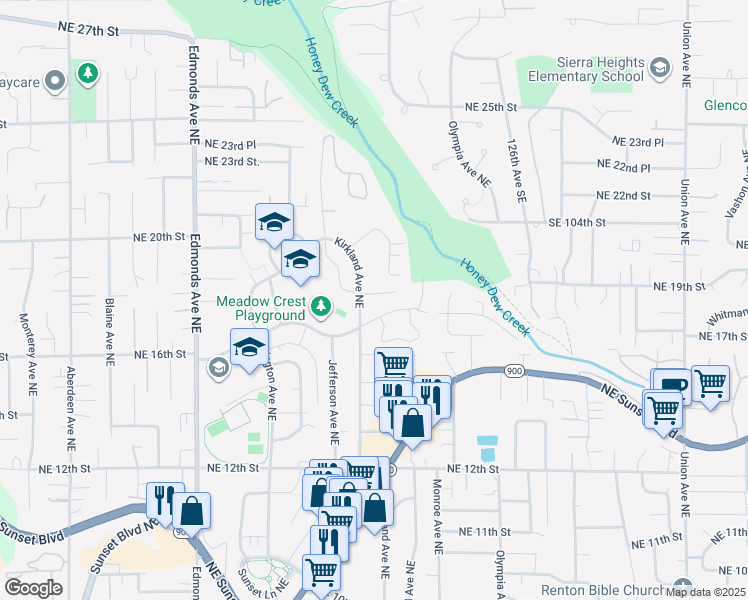 map of restaurants, bars, coffee shops, grocery stores, and more near 3101 Northeast 18th Street in Renton