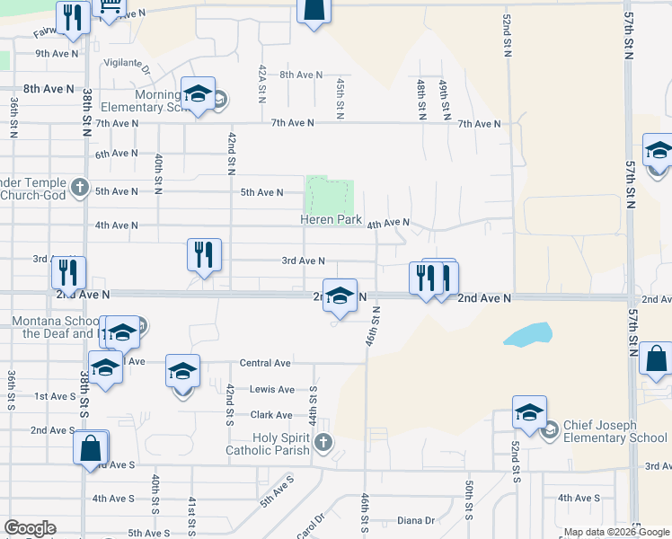 map of restaurants, bars, coffee shops, grocery stores, and more near 4420 3rd Avenue North in Great Falls