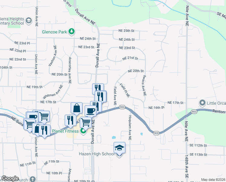 map of restaurants, bars, coffee shops, grocery stores, and more near 1717 Field Avenue Northeast in Renton
