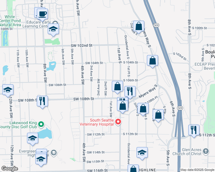 map of restaurants, bars, coffee shops, grocery stores, and more near 10618 2nd Place Southwest in Seattle