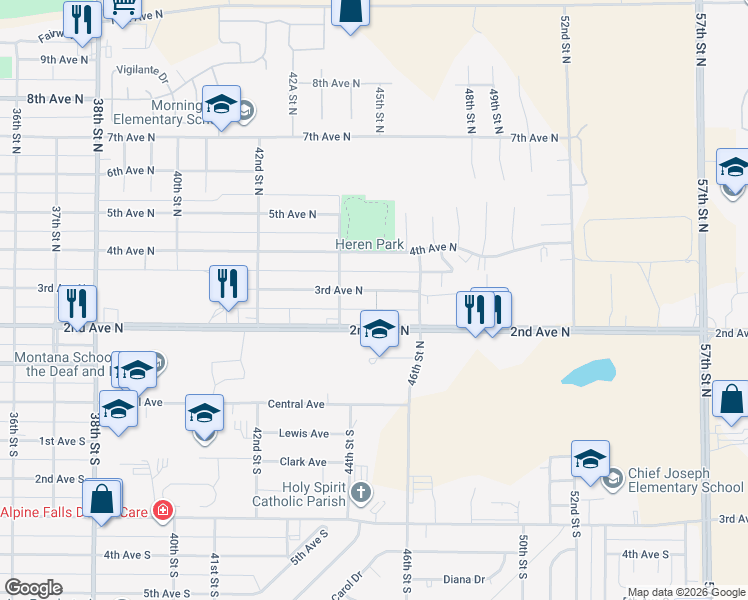 map of restaurants, bars, coffee shops, grocery stores, and more near 4420 3rd Avenue North in Great Falls
