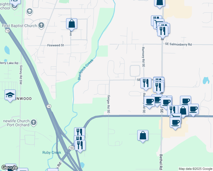 map of restaurants, bars, coffee shops, grocery stores, and more near 943 Southeast Blueberry Road in Port Orchard