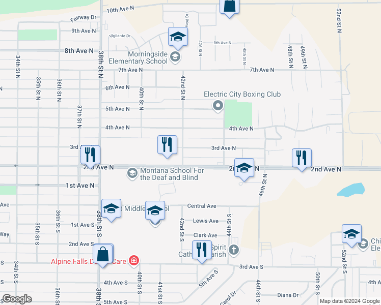 map of restaurants, bars, coffee shops, grocery stores, and more near 4204 3rd Avenue North in Great Falls