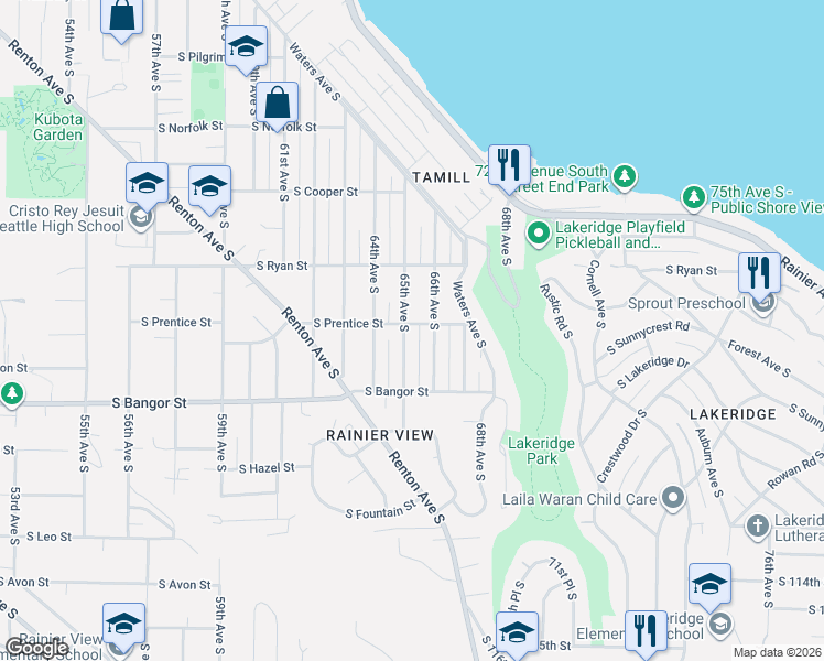 map of restaurants, bars, coffee shops, grocery stores, and more near 10401 66th Avenue South in Seattle