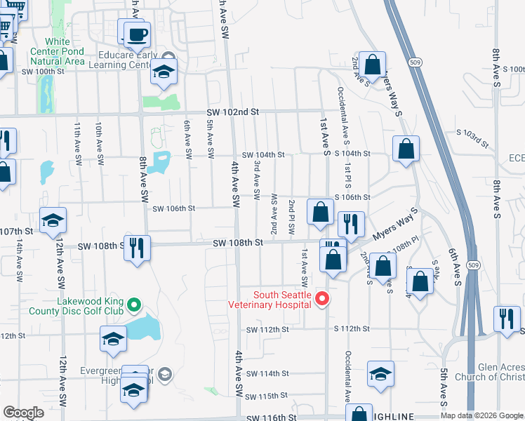 map of restaurants, bars, coffee shops, grocery stores, and more near 10621 2nd Avenue Southwest in Seattle