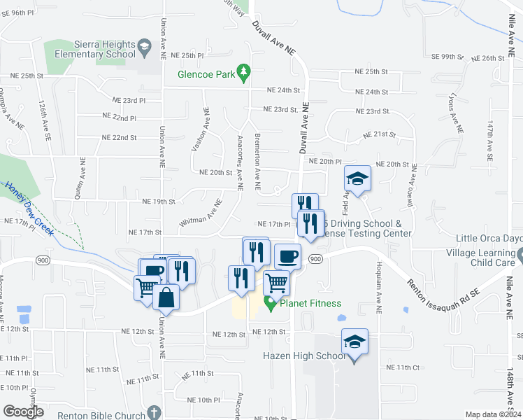 map of restaurants, bars, coffee shops, grocery stores, and more near 4519 Northeast 18th Circle in Renton
