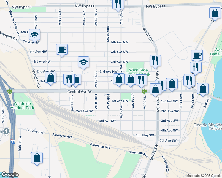 map of restaurants, bars, coffee shops, grocery stores, and more near 927 Central Avenue West in Great Falls