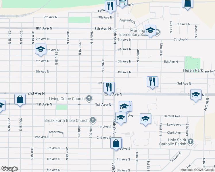 map of restaurants, bars, coffee shops, grocery stores, and more near 3705 2nd Avenue North in Great Falls