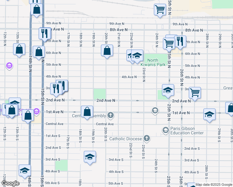 map of restaurants, bars, coffee shops, grocery stores, and more near 214 21st Street North in Great Falls